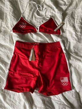 SKIMS Red and White Team USA Bikini Top & Swim Shorts